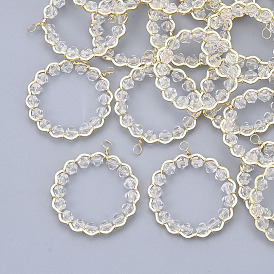 Glass Pendants, Wire Wrapped Pendants, with Real 18K Gold Plated Brass Wires and Linking Rings, Nickel Free, Ring
