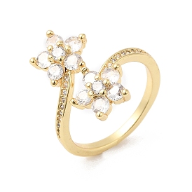 Cubic Zirconia Flower Open Cuff Ring, Real 16K Gold Plated Brass Jewelry for Women
