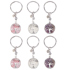 6 шт. 3 стили натуральный аметист и синтетический синтетический и арбузный камень стеклянный брелок, плоские круглые с дерева жизни, с 304 кольцами из нержавеющей стали