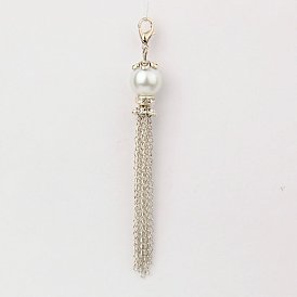 Стеклянные под жемчуг кисточка кулон украшения, с железными цепочками, латунные горный хрусталь бусы и сплава застежками когтя омара, 90~95 мм