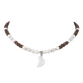 Colliers avec pendentif en pierres précieuses naturelles et synthétiques pour femmes, lune, avec des perles de colonne de noix de coco naturelles
