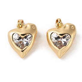 Rack Plating Brass Clear Cubic Zirconia Pendants, Long-Lasting Plated, Heart Charms