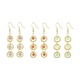 3 Pairs 3 Styles Natural Mixed Gemstone Beaded Dangle Earrings, Golden Brass Rings Long Drop Earrings for Women