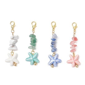 4Piezas de chips de piedras preciosas naturales y decoraciones colgantes de estrella de mar de porcelana hechas a mano, con broches de aleación
