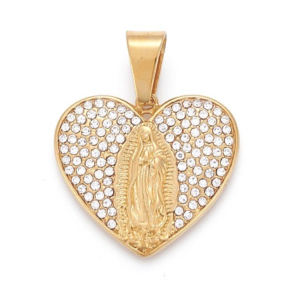 304 Stainless Steel Lady of Guadalupe Pendants, with Crystal Rhinestone, Heart with Virgin Mary
