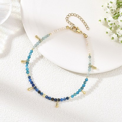 Tobilleras redondas facetadas de piedra natural mixta y perlas, 304 Tobilleras con borlas de acero inoxidable para mujer, dorado