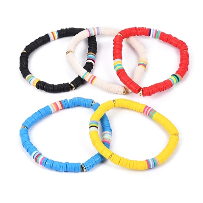 Bracelets élastiques faits à la main de perles heishi en pâte polymère, laiton perles d'espacement
