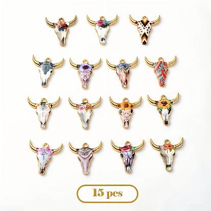 15Pcs 15 Styles Zinc Alloy Enamel Pendants, Light Gold, Ox-Head Shape with Flower Pattern