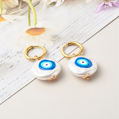 3D Printed Evil Eye Round Imitation Pearl Earrings for Girl Women, Huggie Hoop Earrings  with 304 Stainless Steel Findings