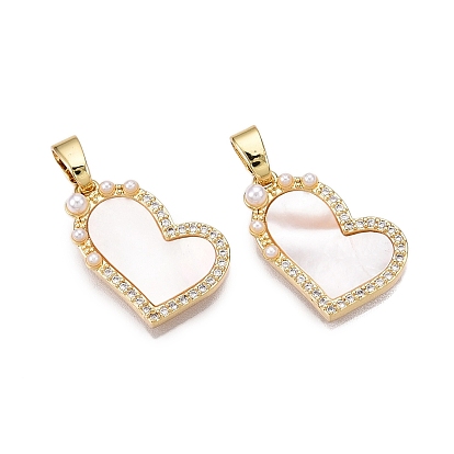 Латунные микропаве прозрачные подвески с фианитом, без кадмия и без свинца, с ракушкой и имитацией жемчуга из АБС, сердце прелести