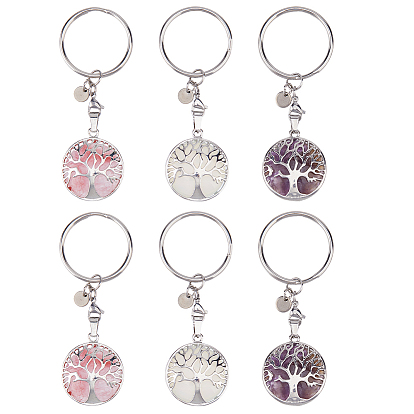 6 шт. 3 стили натуральный аметист и синтетический синтетический и арбузный камень стеклянный брелок, плоские круглые с дерева жизни, с 304 кольцами из нержавеющей стали