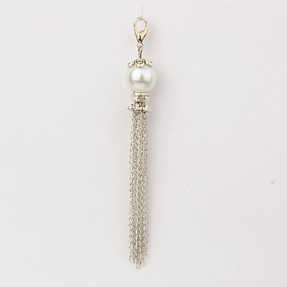 Стеклянные под жемчуг кисточка кулон украшения, с железными цепочками, латунные горный хрусталь бусы и сплава застежками когтя омара, 90~95 мм