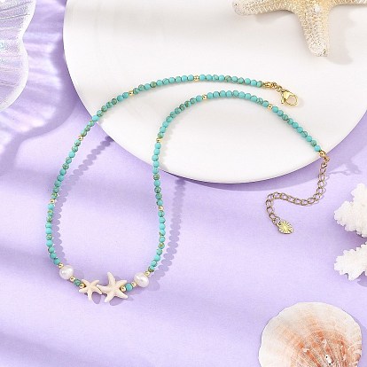 Collares de mujer con estrellas de mar de turquesa sintética teñidas y perlas., dorado