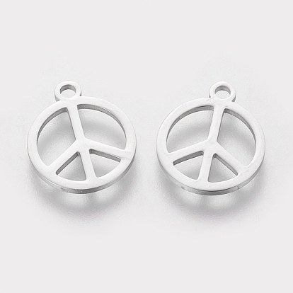 304 Stainless Steel Charms, Flat Round with Peace Sign