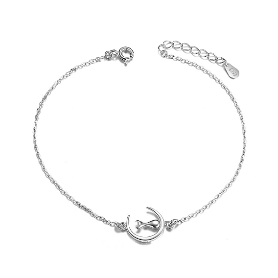 Lovely 925 Sterling Silver Anklet, with Kitten in the Moon, 200x14mm