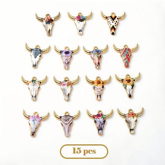 15Pcs 15 Styles Zinc Alloy Enamel Pendants, Light Gold, Ox-Head Shape with Flower Pattern