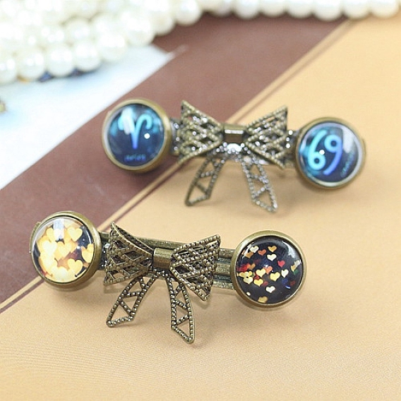 Bowknot Iron Hair Barrette Findings, Flat Round Brass Cabochon Settings