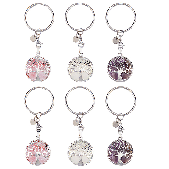 6 шт. 3 стили натуральный аметист и синтетический синтетический и арбузный камень стеклянный брелок, плоские круглые с дерева жизни, с 304 кольцами из нержавеющей стали