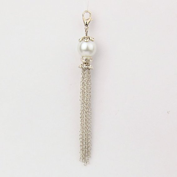 Стеклянные под жемчуг кисточка кулон украшения, с железными цепочками, латунные горный хрусталь бусы и сплава застежками когтя омара, 90~95 мм