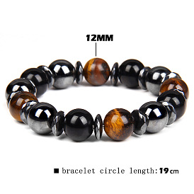 Natural Stone Beaded Magnetic Therapy Bracelet with Yellow Tiger Eye and Black Onyx for Men