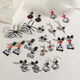 Halloween Theme Alloy and Enamel Dangle Earrings, Glass Rhinestone Earrings for Women, Black