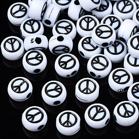 Opaque Acrylic Beads, Flat Round with Peace Sign
