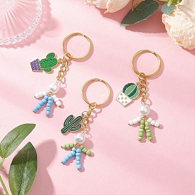 3 шт. 3 стили сплав эмалированный кактус и стеклянный искусственный жемчуг брелки, с железными разрезными брелоками, золотые