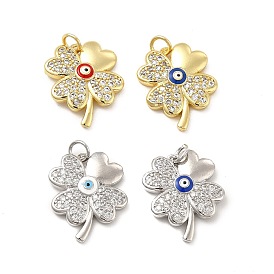 Brass Micro Pave Cubic Zirconia Pendants, with Enamel Evil Eye & Jump Ring, Clover Charm