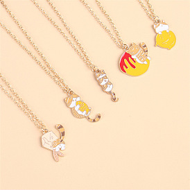 Cute Cat Eating Fish and Holding Fruit Pendant Necklace Fun Fashion Jewelry