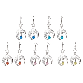 Boucles d'oreilles pendantes étoile et lune en alliage d'argent antique, perles de verre