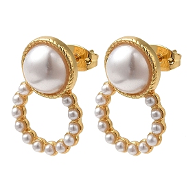 Rack Plating Brass with ABS Plastic Pearl Stud Earrings for Women, Cadmium Free & Lead Free, Long-Lasting Plated, Ring