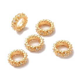 Rack Plating Brass Micro Pave Cubic Zirconia European Beads, Large Hole Beads, Long-Lasting Plated, Flat Round with Flower