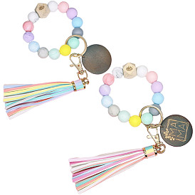 Bracelet de perles en silicone avec porte-clés et pendentif pompon en cuir - lettre maman breloque ronde en bois cadeau de fête des mères