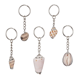 Natural Sea Shell Keychain, with Iron Split Key Rings, Shell/Conch