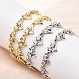 Браслеты-цепочки из латуни с микропаве из кубических цирконий в форме сердца, стойки покрытие, долговечный, без кадмия и без свинца