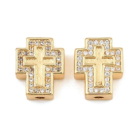 Brass Micro Pave Clear Cubic Zirconia Beads, Cross, Cadmium Free & Lead Free, Rack Plating