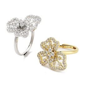 Rack Plating Brass Micro Pave Cubic Zirconia Adjustable Flower Rings, Long-Lasting Plated for Women, Lead Free & Cadmium Free