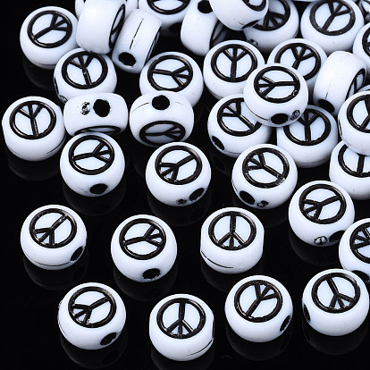 Opaque Acrylic Beads, Flat Round with Peace Sign
