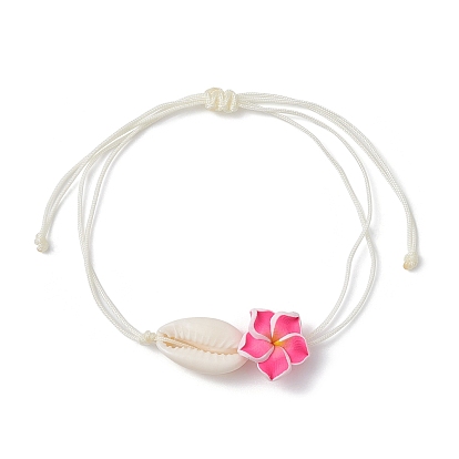 Natural Shell & Polymer Clay 3D Flower Link Bracelet, Braided Adjustable Bracelet