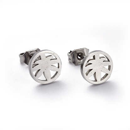 304 Stainless Steel Stud Earrings, Hypoallergenic Earrings, Flat Round with Leaf