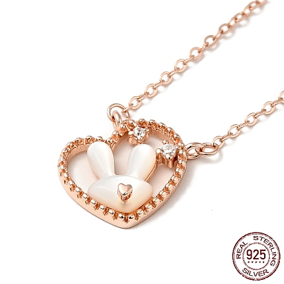 White Shell Rabbit Pendant Necklace with Clear Cubic Zirconia, 925 Sterling Silver Jewelry for Women