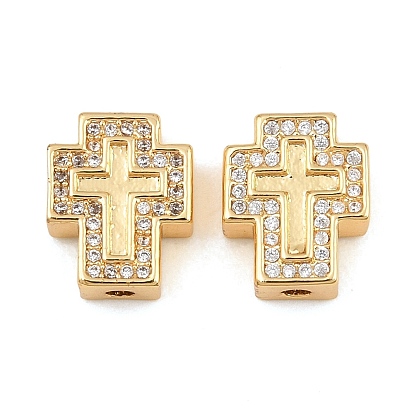 Brass Micro Pave Clear Cubic Zirconia Beads, Cross, Cadmium Free & Lead Free, Rack Plating