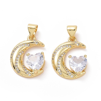 Brass Cubic Zirconia Pendants, Cadmium Free & Lead Free, Crescent Moon with Heart Charm