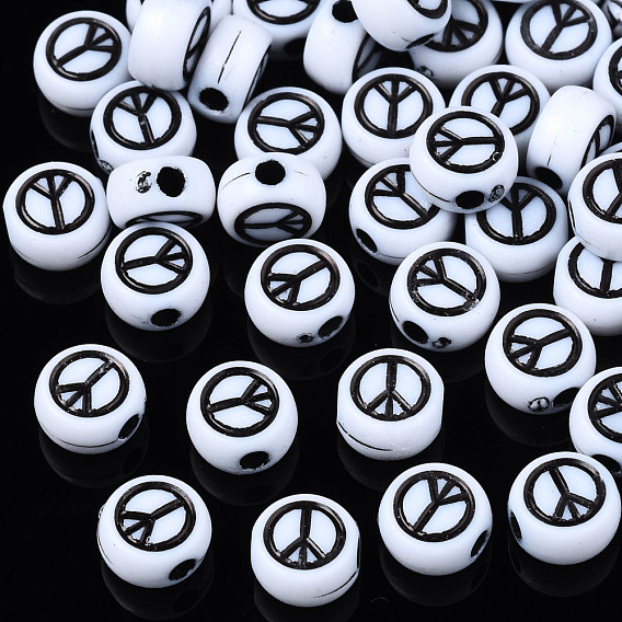 Opaque Acrylic Beads, Flat Round with Peace Sign