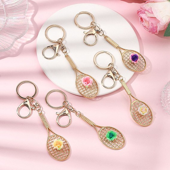 Брелки из железного сплава в виде теннисной ракетки и цветка, из сплава и полимерной глины ручной работы, золотой свет