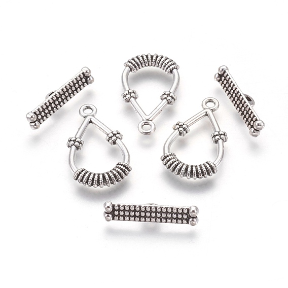Tibetan Style Alloy Toggle Clasps, Cadmium Free & Lead Free, Teardrop: about 25mm long, 14mm wide, 3mm thick, Bar: about 21mm long, 4.5mm thick, hole: 2mm