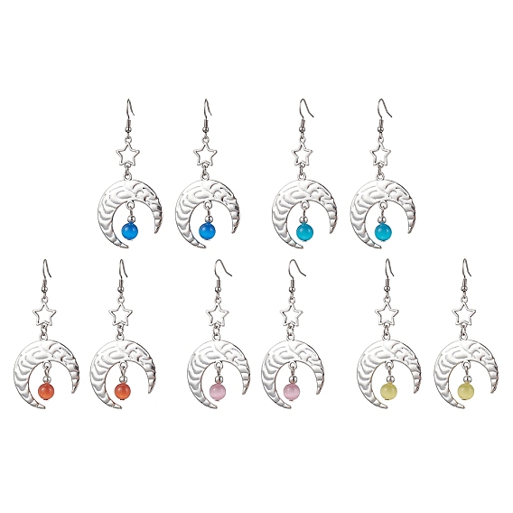 Antique Silver Alloy Star & Moon Dangle Earrings, with Glass Beads