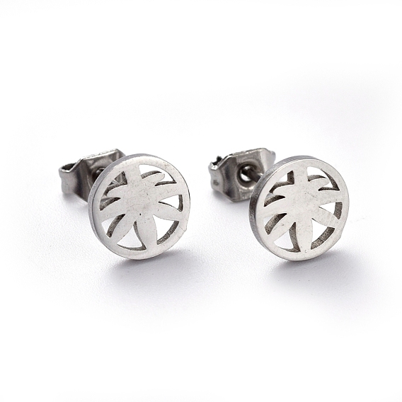 304 Stainless Steel Stud Earrings, Hypoallergenic Earrings, Flat Round with Leaf