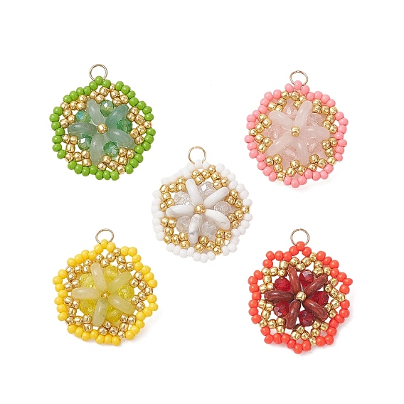 Подвески в виде цветов из натуральных драгоценных камней и стеклянного бисера, со стеклом, граненые