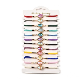 12Pcs 12 Colors Polyester Bracelets, Brass Glass Links Jewelry for Women, Teardrop